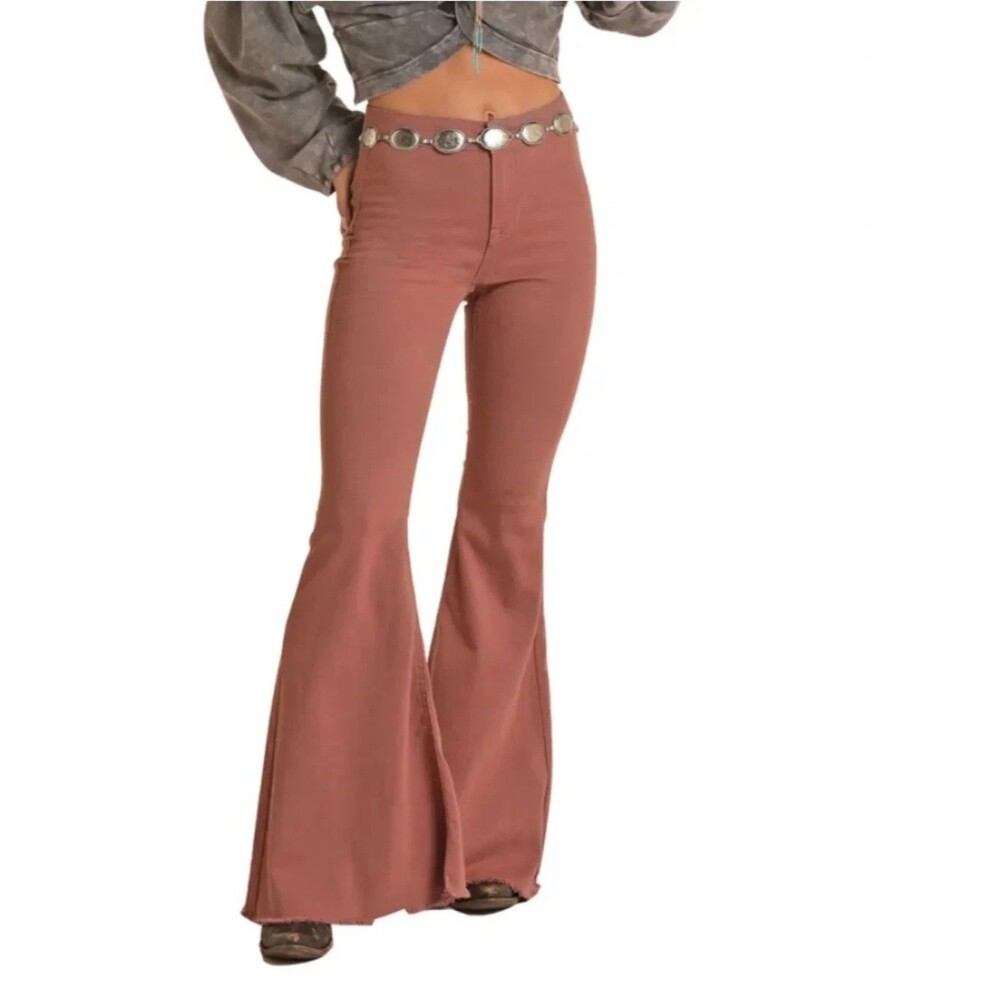 Rock & Roll Cowgirl Bargain Bells Pull-On Stretch Dusty Rose Flare Jeans 24x30
